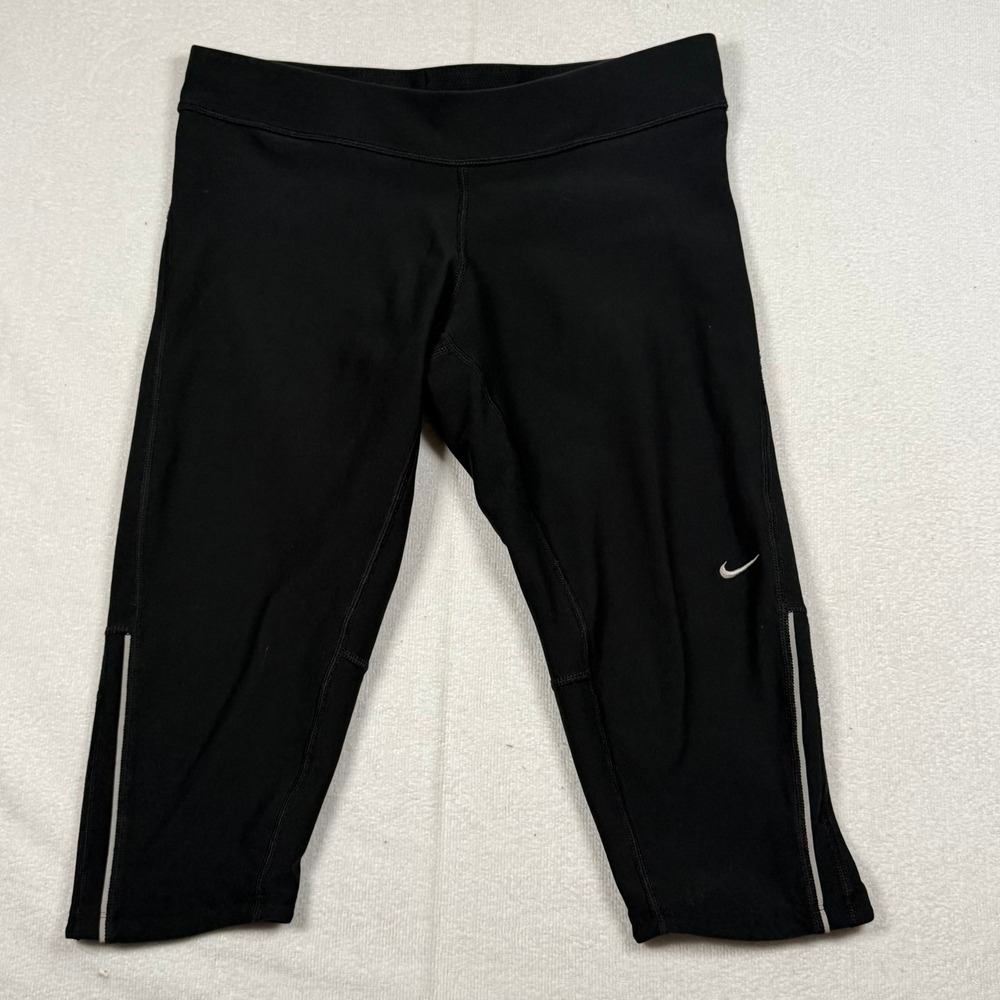Nike Running Dri-FIT Capri Leggings Womens Medium Black Reflective‎ Zip Pocket